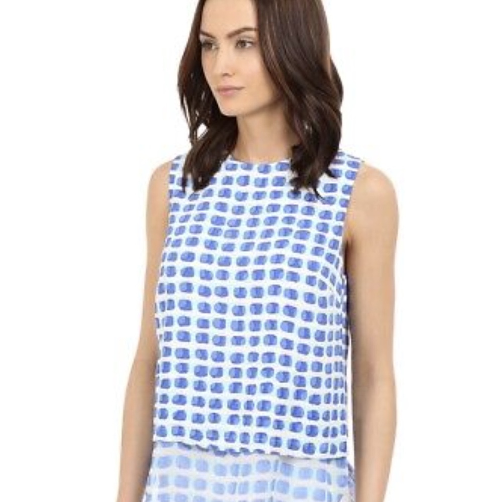 Kate Spade Island Stamp Blue Printed Contrast Hem Tank Top Blouse NWOT